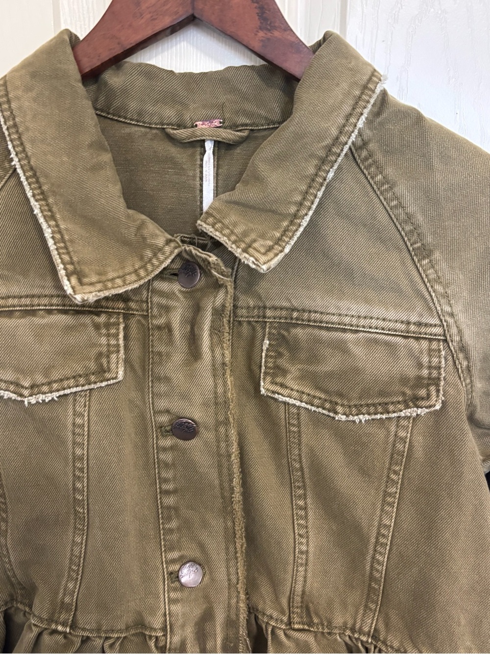 Free People Olive Ruffle Hem Denim Jacket Lace‑Up Cuffs XS - Picture 4 of 13